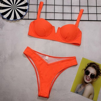 New High Waist Thong Bikini Set Swimwear Sexy Fluorescent Orange Split Swimsuit Europe 2 Piece Swimming Suit Women Bathing Suits